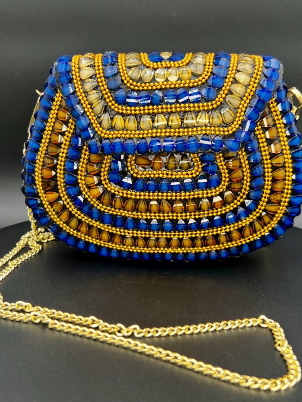 RAMLA Blue Gold Beaded Crossbody Bag Handmade Chain NWOT